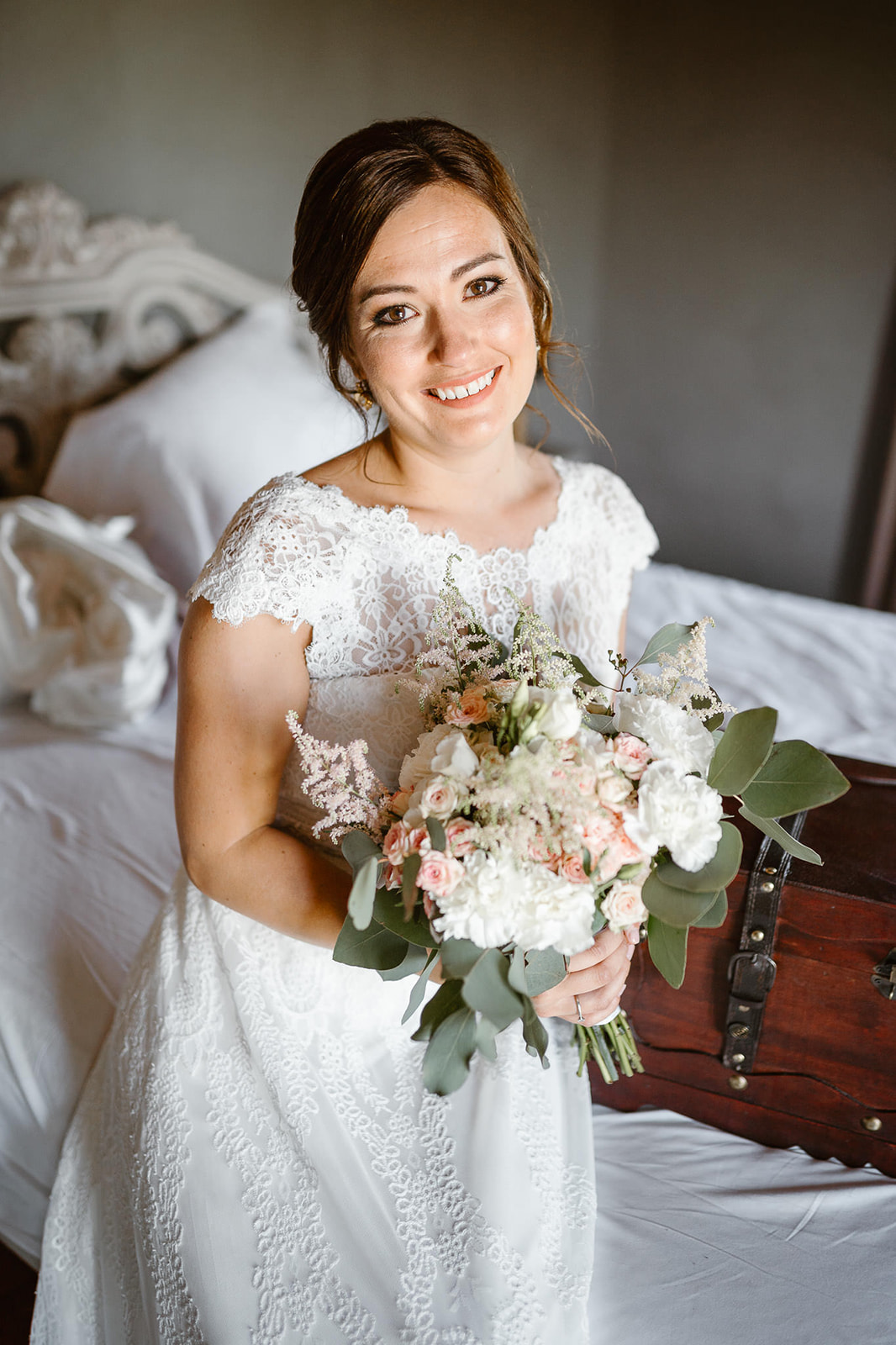 Bride smiling before her wedding, at Cascina Faletta in Monferrato