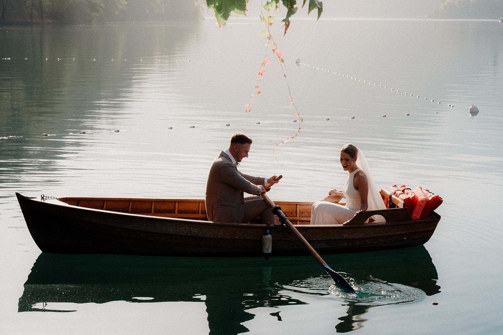 Groom takes bride for a romantic row on Lake bled 