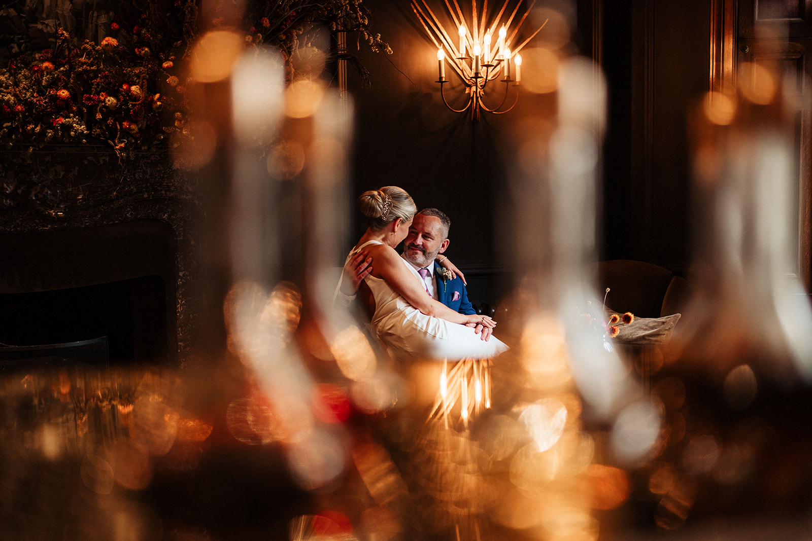 bride and groom in Moon Bar at Heckfield Place