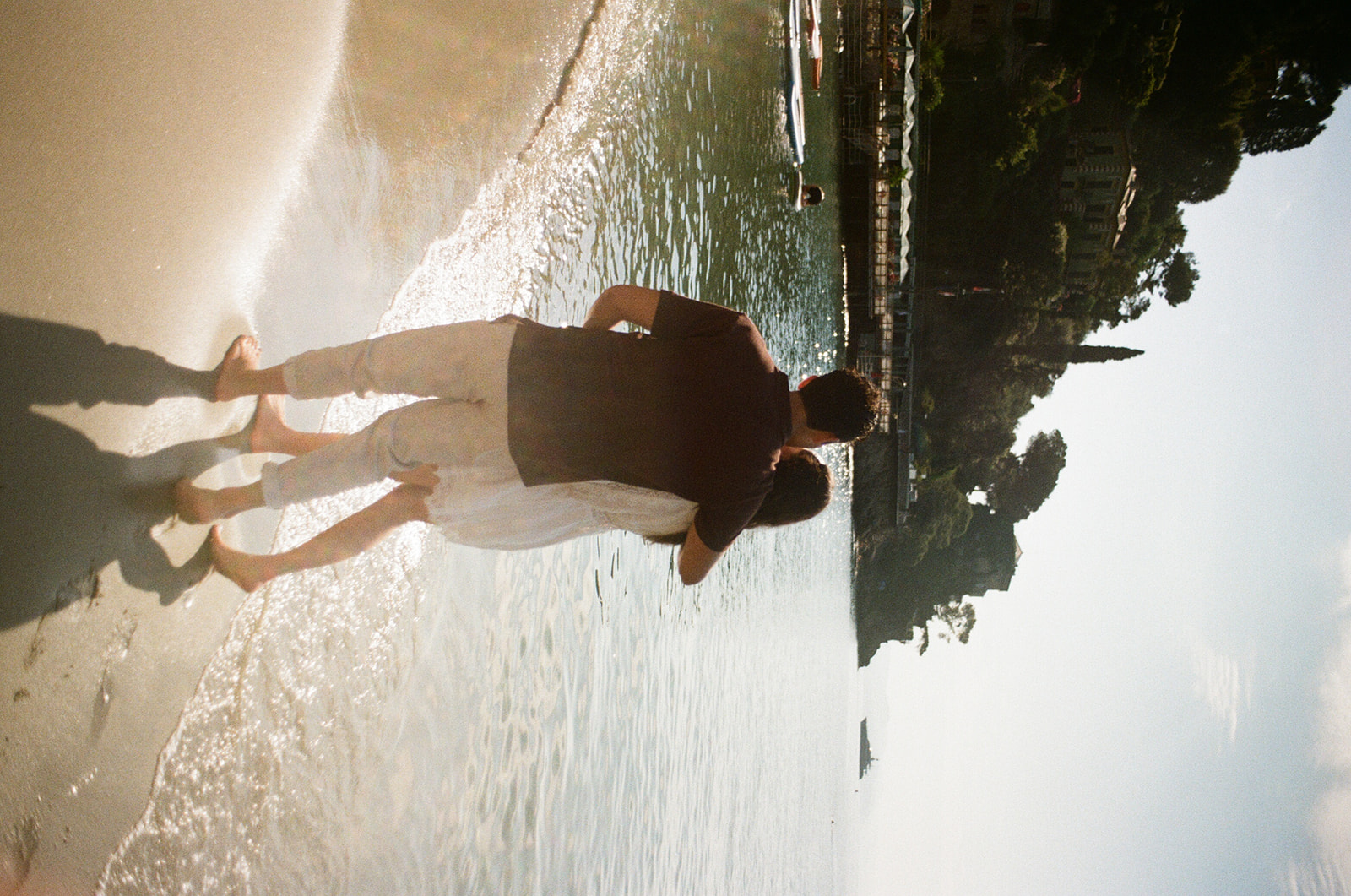 Couples romantic walk along the Italian coast in Portofino