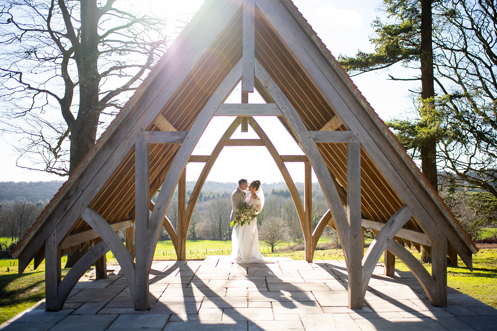 bride and groom portrait at highley manor under the pavilion