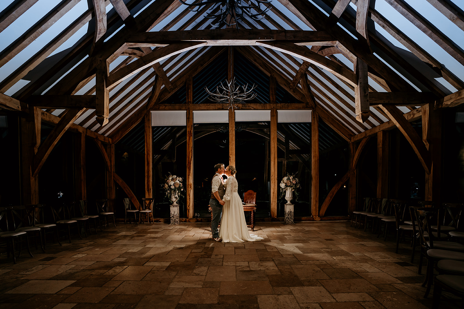 bride and groom in the orangery at swancar farm wedding venue