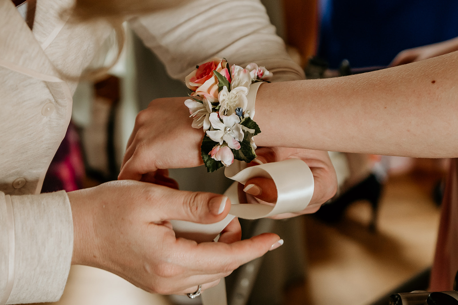 wrist flowers on bridesmaid